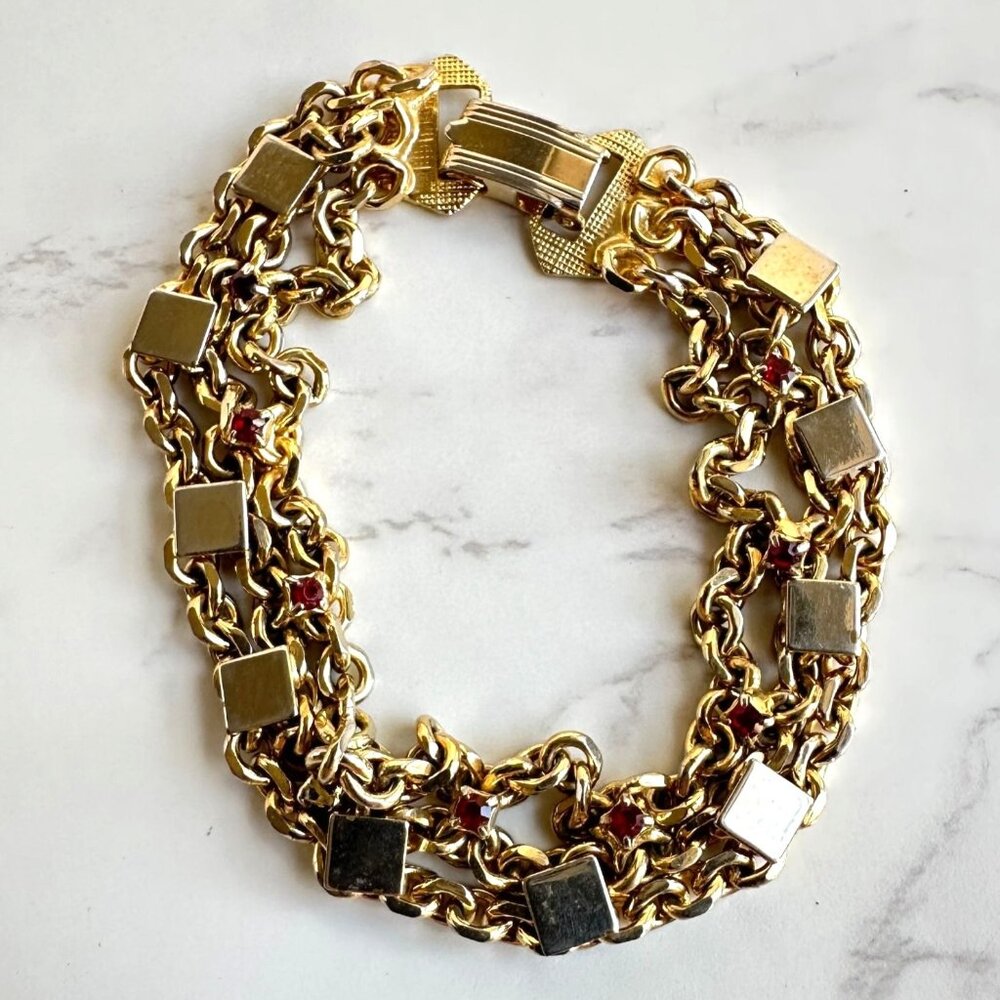Vintage Gold Tone Chain Bracelet with Red Rhinestones 7.25"